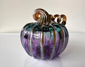 Blue Fades to Purple, 4" Blown Glass Pumpkin, Gourd Sculpture, Gold Ribs & Stem, Halloween Autumn Fall Decor Centerpiece, Avalon Glassworks
