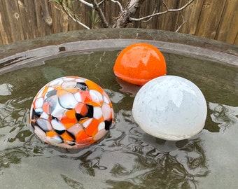 Glass Floats for Birdbath, Set of 3 Decorative Hand Blown Balls, Orange White Black "Goldfish" Outdoor Garden Art Spheres, Avalon Glassworks