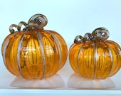 Golden Orange Glass Pumpkins, Set of 2 Hand Blown Gourds, Transparent Light Orange Gold Coil Stems, Fall Autumn Art Decor, Avalon Glassworks