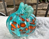 Turquoise Orange Spot Glass Pumpkin, 4.25" Hand Blown Decorative Gourd Teal Stem Autumn Fall Thanksgiving Art Centerpiece, Avalon Glassworks