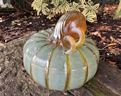 Sage Green Blown Glass Pumpkin, 4" Gourd Sculpture, Gold Brown Ribs Coil Stem, Thanksgiving Halloween Autumn Fall Decor, Avalon Glassworks