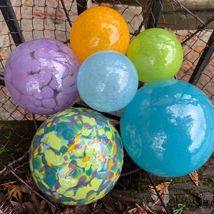 Spring Colors, Hand Blown Glass Floats Set of 6, Bright Green Turquoise Purple Yellow, Garden Art Balls, Floating Spheres, Avalon Glassworks image 1