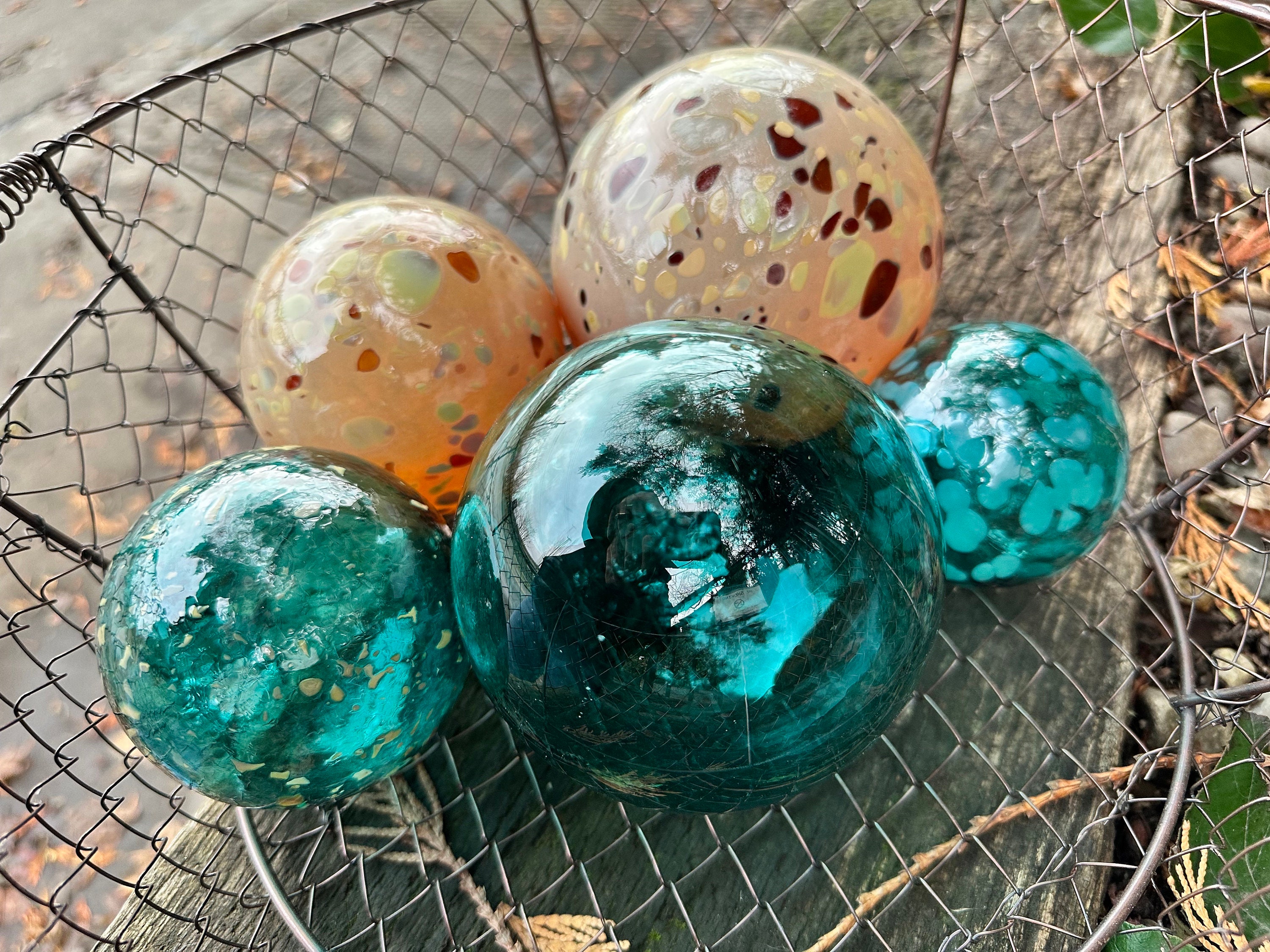 Gold and Teal Floats, Set of 5 Blown Glass Balls, 2.754.5 Garden