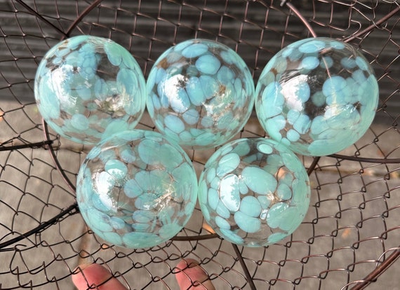 Jade Green Spot Glass Balls, Set of 5 Small Hand Blown Floats