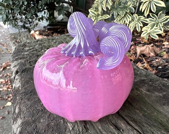 Pink Glass Pumpkin, 4" Hand Blown Squash Lavender Purple Stem Pastel Gourd Sculpture Colorful Thanksgiving Autumn Decor Avalon Glassworks