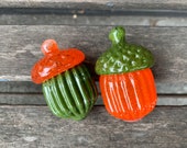 Green & Orange Glass Acorns: Set of 2 Autumn Table Decorations, 2.75" Sculptures - Avalon Glassworks