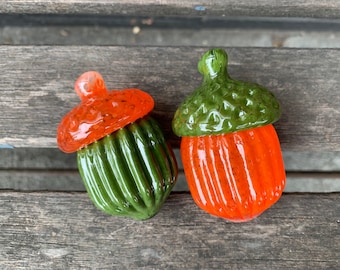 Green & Orange Glass Acorns: Set of 2 Autumn Table Decorations, 2.75" Sculptures - Avalon Glassworks
