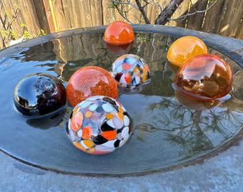 Orange Goldfish Stack Balls, 7 Glass Decor Spheres, Living Room Basket Filler, Outdoor Garden Art Orb Bulbs Floats Globes, Avalon Glassworks