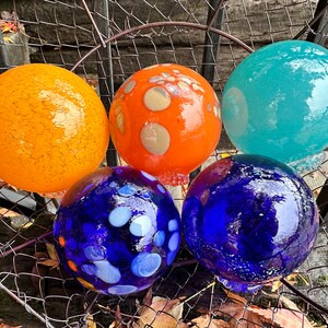 Blue Orange Turquoise Nautical Glass Floats, Set of 5 Hand Blown Spheres, Interior Design Balls, Garden Art Decor Orbs, Avalon Glassworks image 2