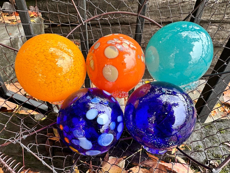 Blue Orange Turquoise Nautical Glass Floats, Set of 5 Hand Blown Spheres, Interior Design Balls, Garden Art Decor Orbs, Avalon Glassworks image 2