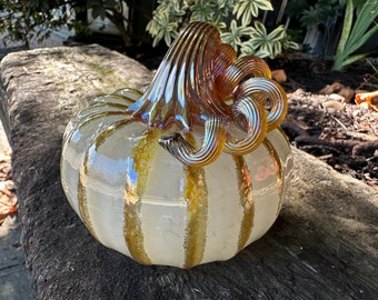 Translucent Beige Hand Blown Glass Pumpkin, 4" Decorative Gourd Sculpture, Metallic Gold Ribs & Stem, Autumn Centerpiece, Avalon Glassworks