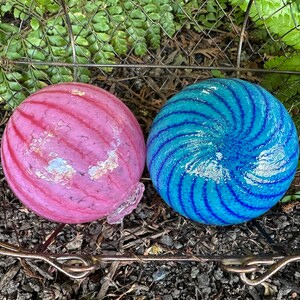 Pink & Turquoise Blue Stripe Floats, Set of 2 Blown Glass Pond Balls, 3" Interior Design Spheres Outdoor Garden Art Decor, Avalon Glassworks