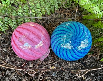 Pink & Turquoise Blue Stripe Floats, Set of 2 Blown Glass Pond Balls, 3" Interior Design Spheres Outdoor Garden Art Decor, Avalon Glassworks