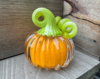 Marigold Orange Glass Pumpkin, Curly Light Green Stem, Solid 2.75" Paperweight Squash Sculpture, Autumn Halloween Decor, Avalon Glassworks