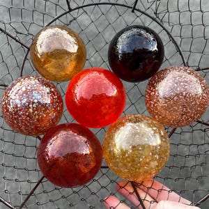 Orange Autumn Mix Glass Pond Floats, Set of 7 Hand Blown 2.75&quot; Balls, Red Amber Beige Earth Tone Garden Art Decor Spheres, Avalon Glassworks