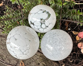 White Glass Floats, Set of 3 Hand Blown Balls, Translucent & Opaque Interior Design Spheres Outdoor Garden Art Pond Decor, Avalon Glassworks