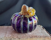 Purple & Gold Blown Glass Pumpkin: Halloween Autumn Decor, 3.75" Sculpture - Avalon Glassworks