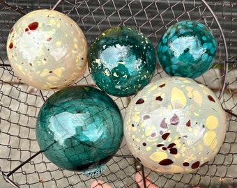 Gold and Teal Floats, Set of 5 Blown Glass Balls, 2.75"-4.5" Garden Spheres, Aqua Blue Turquoise Pond Orbs, Outdoor Decor, Avalon Glassworks