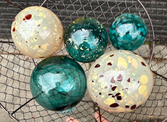 Gold and Teal Floats, Set of 5 Blown Glass Balls, 2.754.5 Garden Spheres,  Aqua Blue Turquoise Pond Orbs, Outdoor Decor, Avalon Glassworks 
