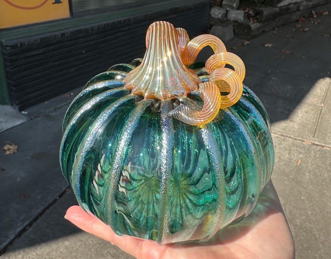 Large Aqua Blue Green Blown Glass Pumpkin: Gold Ribs & Stem, 5.5
