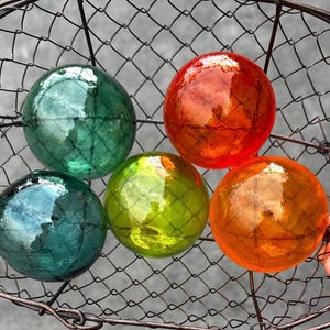 Smallest Green Orange Floats, Set of 5 Colorful Blown Glass Garden Balls, 2.5&quot; Coastal Interior Decorative Spheres, Avalon Glassworks