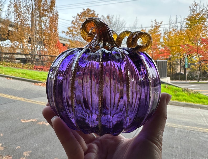 Purple & Gold Hand Blown Glass Pumpkin, 4.5 Decorative Squash Sculpture, Metallic Ribs Coil Stem, Halloween Autumn Fall, Avalon Glassworks image 3