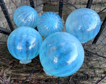 Jellyfish Floats, Set of 5 Hand Blown Glass Garden Balls, Opalescent Light Blue, Interior Design or Outdoor Art Spheres, Avalon Glassworks