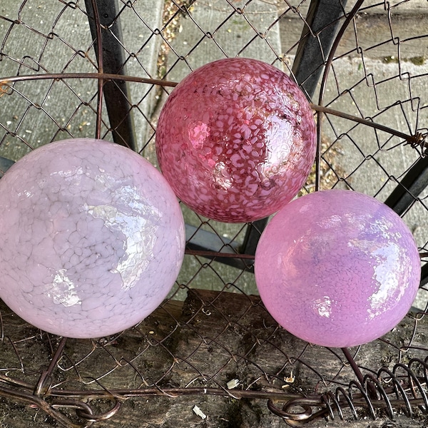 Translucent Pink Glass Floats, Set of 3 Hand Blown Decorative Balls, 2.5"-3" Interior Design Art Spheres Garden Pond Orbs, Avalon Glassworks