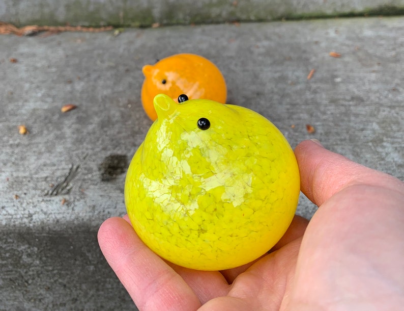Set of Two Very Cute Hand Blown Bird Sculptures Avalon Glassworks Yellow and Orange Glass Chicks Easter Mantel Tabletop Spring Decoration