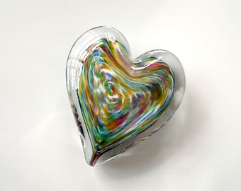 Green Rainbow Mix Heart, 3.75&quot; Solid Glass Paperweight Sculpture, Pink Blue Yellow Purple, Friendship Love Appreciation, Avalon Glassworks
