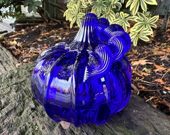 Cobalt Blue Glass Pumpkin, 4.25" Hand Blown Squash Sculpture Curly Coiled Stem, Fall Autumn Art Centerpiece Coastal Decor, Avalon Glassworks