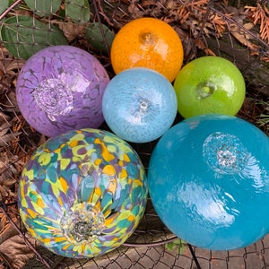 Spring Colors, Hand Blown Glass Floats Set of 6, Bright Green Turquoise Purple Yellow, Garden Art Balls, Floating Spheres, Avalon Glassworks image 4