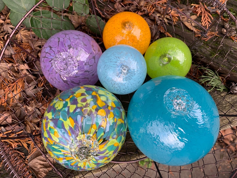 Spring Colors, Hand Blown Glass Floats Set of 6, Bright Green Turquoise Purple Yellow, Garden Art Balls, Floating Spheres, Avalon Glassworks image 4