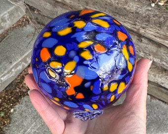 Cobalt Light Blue Orange Spot Float, 4" Blown Glass Decorative Ball, Outdoor Nautical Coastal Garden Design Pond Sphere, Avalon Glassworks