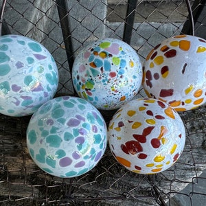 Glass Floating Balls, White Multi Color Speckles, Set of 5 Decorative Hand Blown Spheres, Table Centerpiece, Garden Orbs, Avalon Glassworks