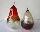 Blown Glass Pears: Red Yellow Two-Tone Fruit Decor Set, 6.75" & 8" Sculptures - Avalon Glassworks