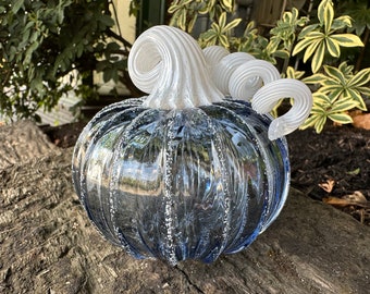 Blue & White Hand Blown Glass Pumpkin, 4" Steel Gray Gourd Sculpture, Autumn Fall Art Centerpiece Decor, White Ribs Stem, Avalon Glassworks