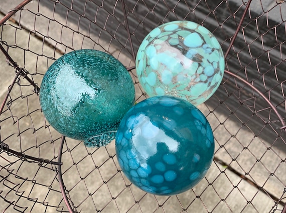 Aqua Blue Green Turquoise Glass Floats, Set of 3 Hand Blown Garden Balls,  3.25 Floating Spheres, Coastal Nautical Decor, Avalon Glassworks -   Denmark
