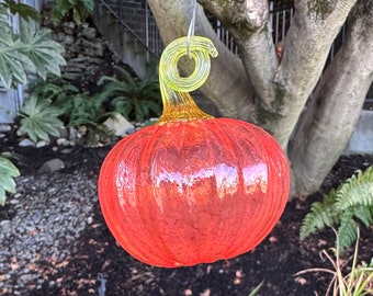 Glass Pumpkin Ornament, Orange Squash Hanging Sun Catcher, Holiday Christmas Tree Halloween Decoration, Green Stem Loop, Avalon Glassworks