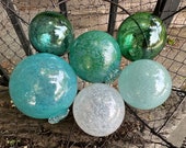 Sea Foam Glass Floats, Set of 6 Balls, Turquoise Green Aqua Blue White, Coastal Nautical Garden Interior Design Spheres, Avalon Glassworks