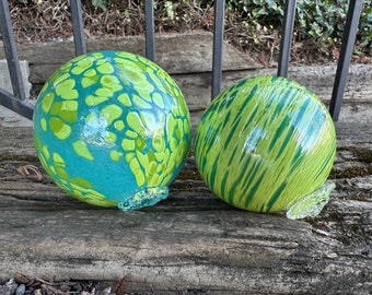 Turquoise Chartreuse Green Blown Glass Floats, 3.25" & 4" Decor Balls, Outdoor Garden Art Orbs, Interior Design Spheres, Avalon Glassworks