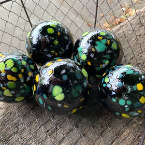 End-of-the-Day Mix Blown Glass Balls, Set of 5 Black Floats, 2.53 Garden Decor, Outdoor Art Spheres, Basket Filler, Avalon Glassworks image 6