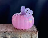 Pink Blown Glass Pumpkin: Lavender Purple Stem, 3.75" Sculpture - Avalon Glassworks
