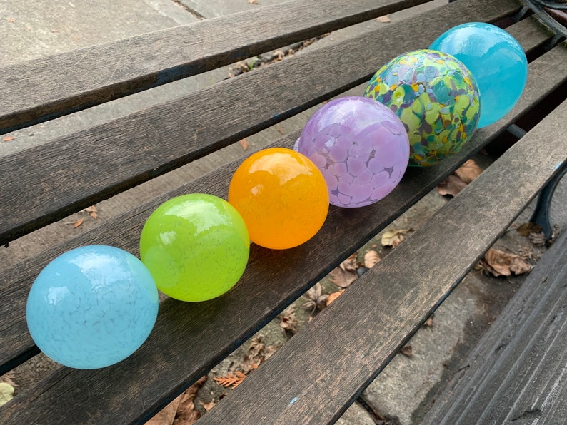 Spring Colors, Hand Blown Glass Floats Set of 6, Bright Green Turquoise Purple Yellow, Garden Art Balls, Floating Spheres, Avalon Glassworks image 5