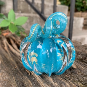 Turquoise Blue Beige Spot Glass Pumpkin 3 Paperweight image 8