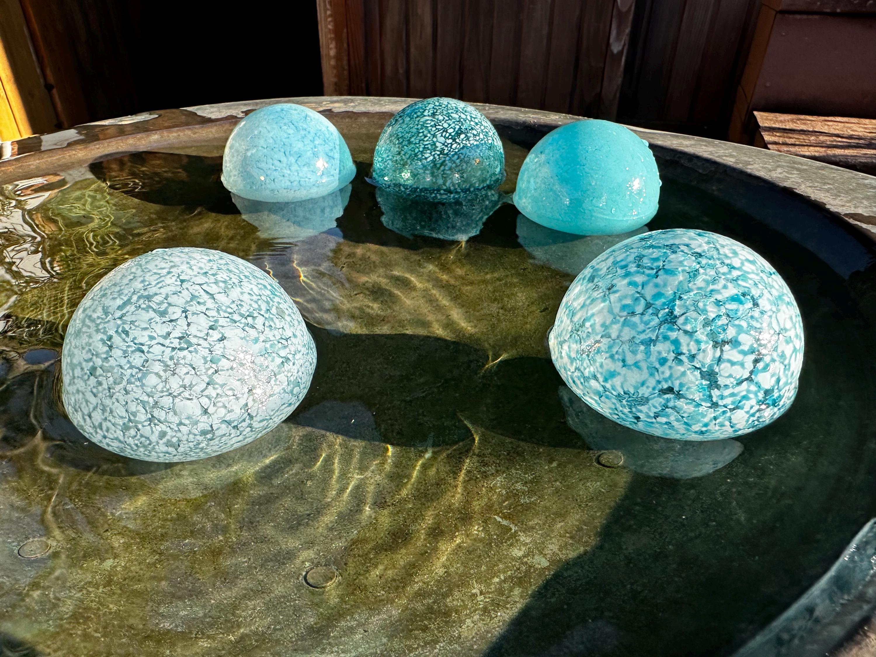 Garden Art Floats, Translucent Turquoise Blue Set of 5 Hand Blown Outdoor Balls, 2.75" Coastal Centerpiece Decor Spheres, Avalon Glassworks