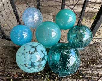Turquoise Aqua Blue Hand Blown Glass Balls, Set of 7 Nautical Pond Floats, Garden Art Orbs, Coastal Decor Basket Filler, Avalon Glassworks