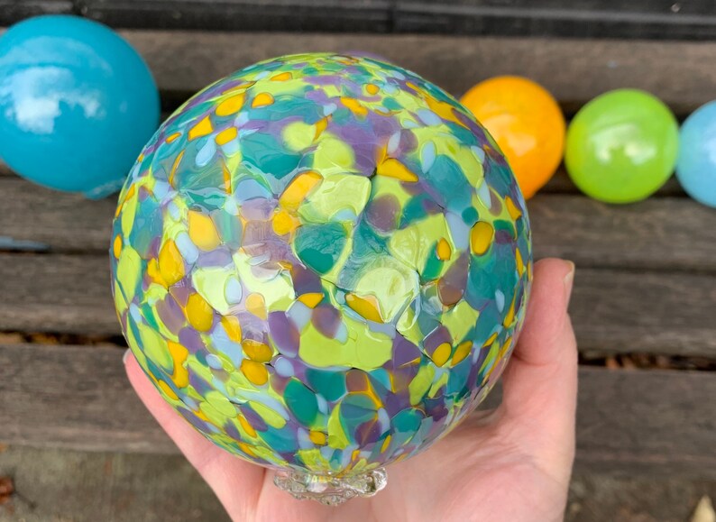 Spring Colors, Hand Blown Glass Floats Set of 6, Bright Green Turquoise Purple Yellow, Garden Art Balls, Floating Spheres, Avalon Glassworks image 6