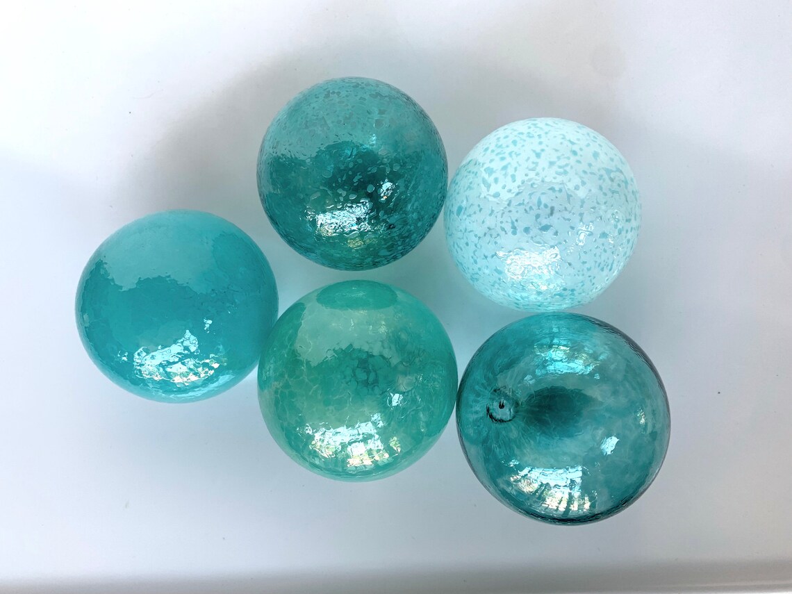 Turquoise Teal Aqua Blue Hand Blown Glass Balls Set of Five Etsy