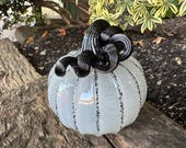 Blown Glass "Skeleton" Pumpkin: Gray & Black Halloween Decoration, 4" Sculpture - Avalon Glassworks